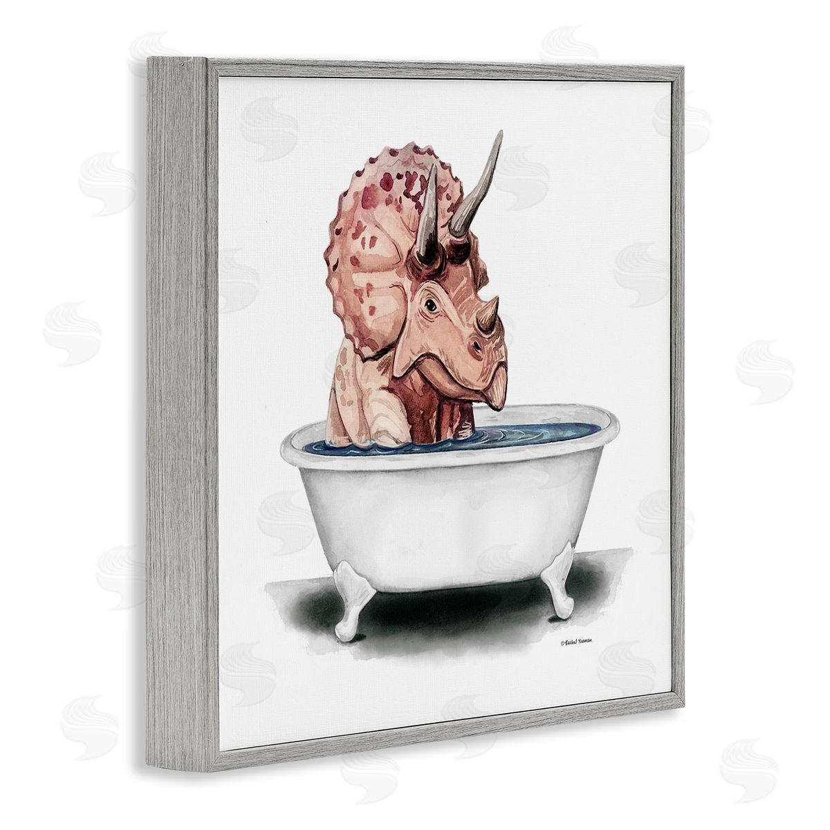 Rachel Nieman Triceratops Bathroom Dinosaur Tub Gray Framed Glicee Wall Art Print