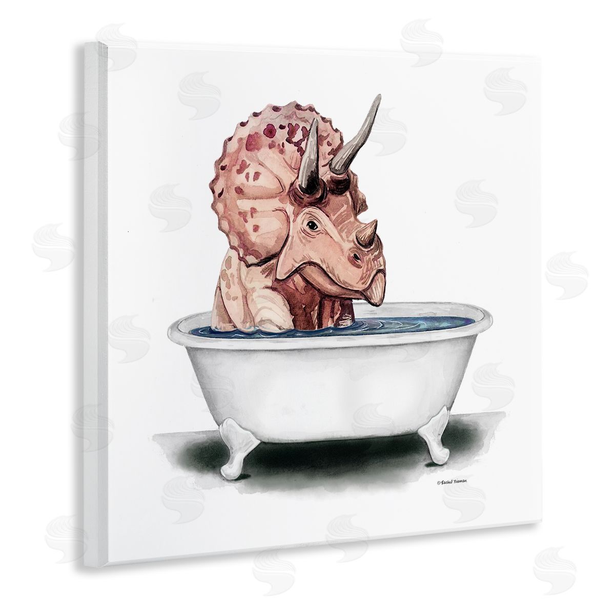 Rachel Nieman Triceratops Bathroom Dinosaur Tub Wooden Wall Plaque Art Print