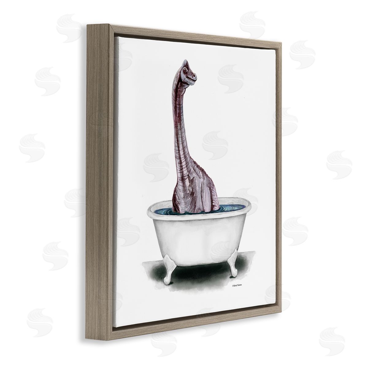 Rachel Nieman Bathroom Dinosaur Vintage Tub Brown Floating Frame Canvas Wall Art Print