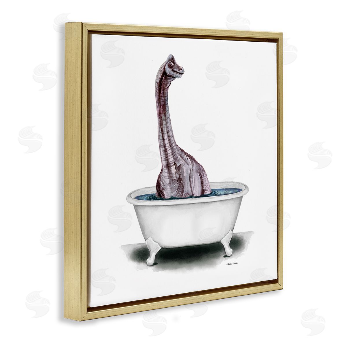 Rachel Nieman Bathroom Dinosaur Vintage Tub Gold Floating Frame Canvas Wall Art Print