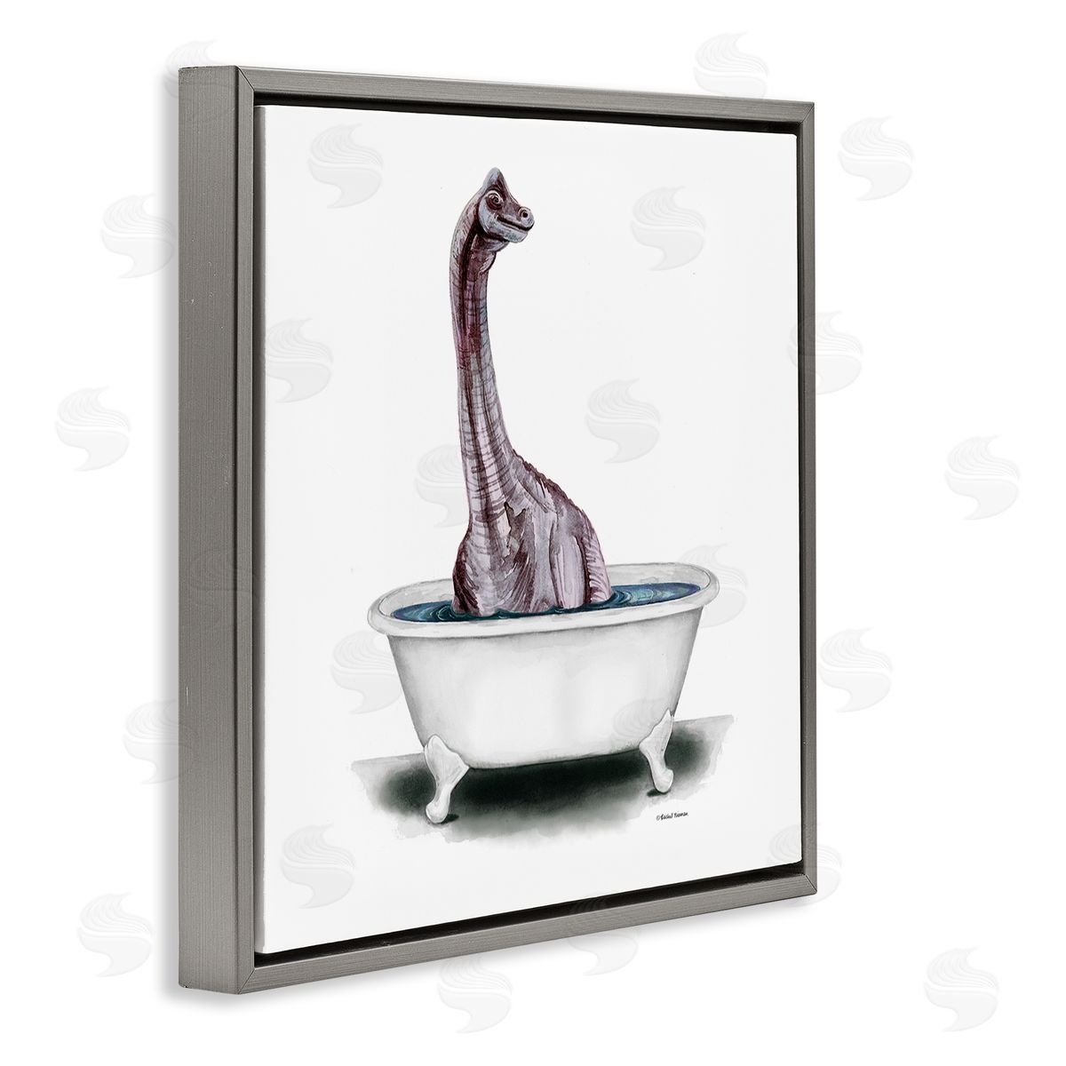 Rachel Nieman Bathroom Dinosaur Vintage Tub Gray Floating Frame Canvas Wall Art Print