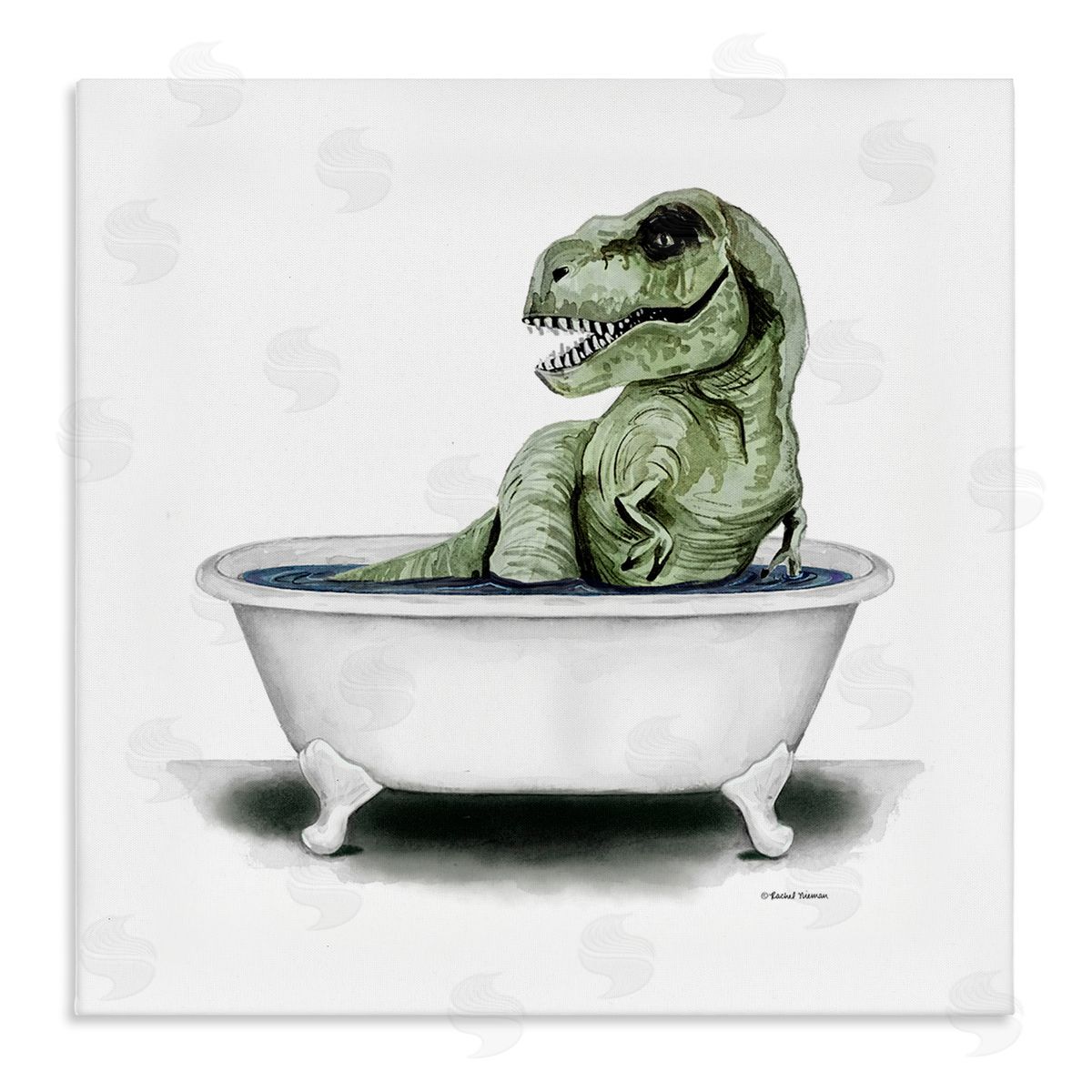 Rachel Nieman T-Rex Bathtub Fun Bathroom Stretched Canvas Wall Art Print