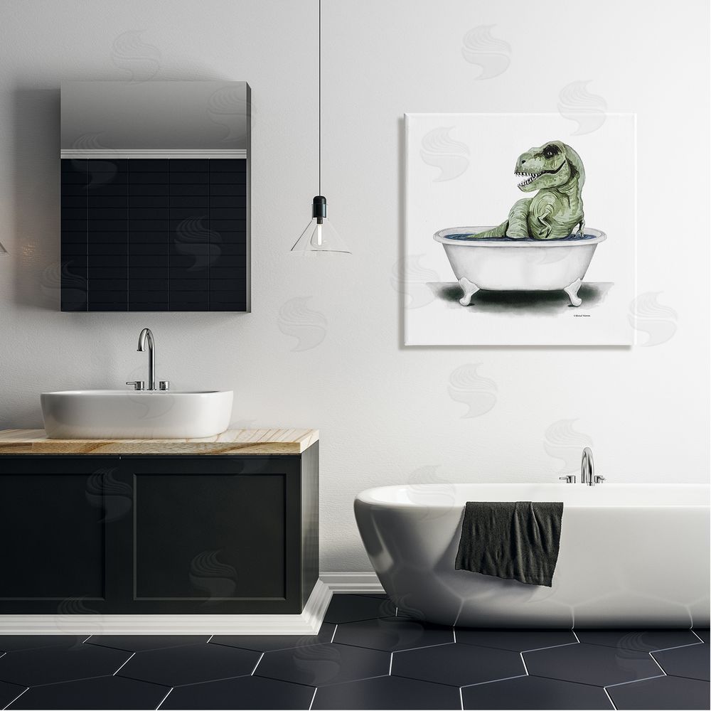 Rachel Nieman T-Rex Bathtub Fun Bathroom Canvas Wall Art in Room