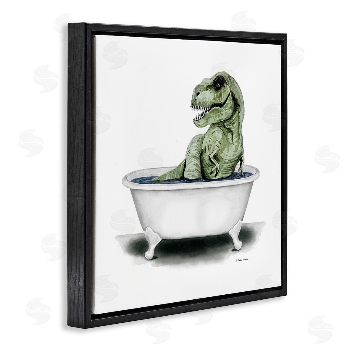 Rachel Nieman T-Rex Bathtub Fun Bathroom Black Floating Frame Canvas Wall Art Print
