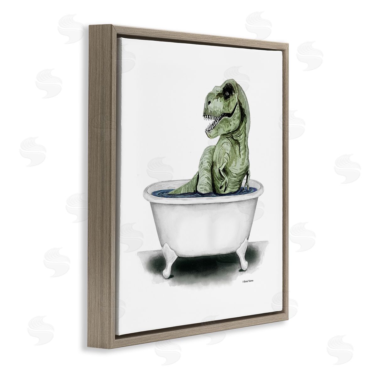 Rachel Nieman T-Rex Bathtub Fun Bathroom Brown Floating Frame Canvas Wall Art Print