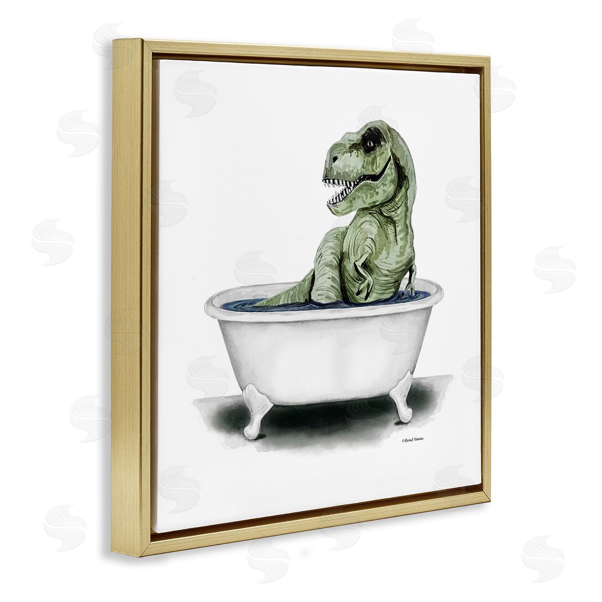 Rachel Nieman T-Rex Bathtub Fun Bathroom Gold Floating Frame Canvas Wall Art Print