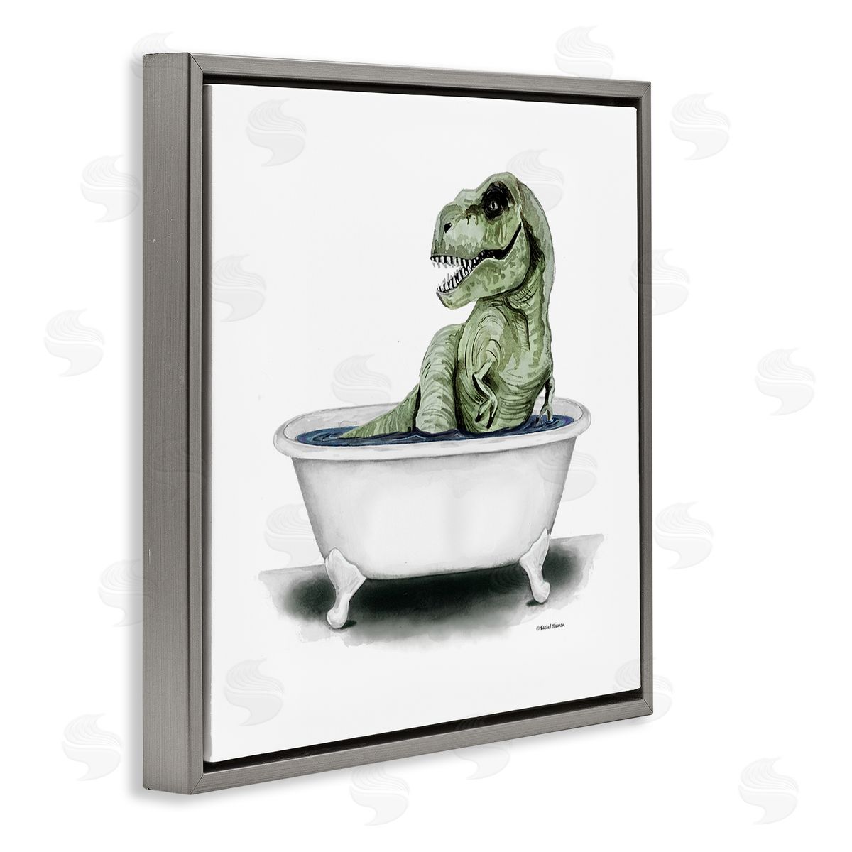 Rachel Nieman T-Rex Bathtub Fun Bathroom Gray Floating Frame Canvas Wall Art Print