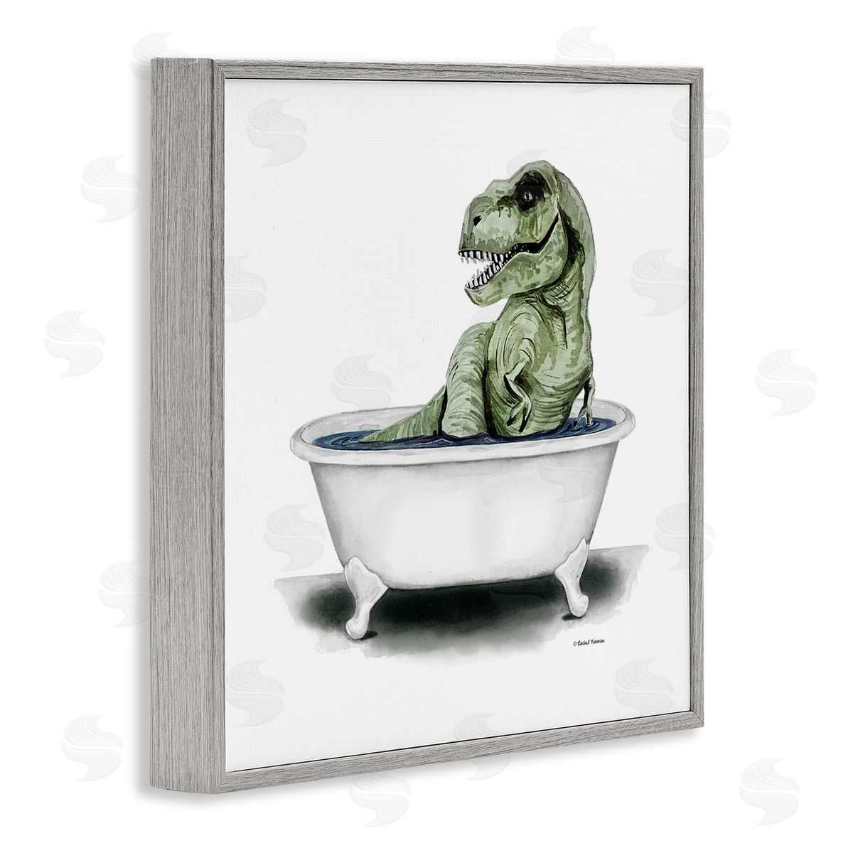 Rachel Nieman T-Rex Bathtub Fun Bathroom Gray Framed Glicee Wall Art Print