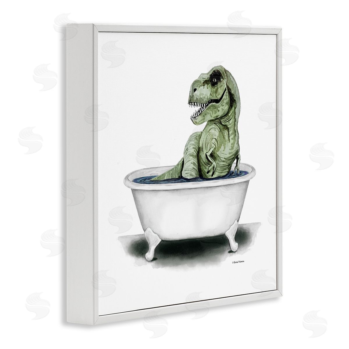 Rachel Nieman T-Rex Bathtub Fun Bathroom White Framed Glicee Wall Art Print