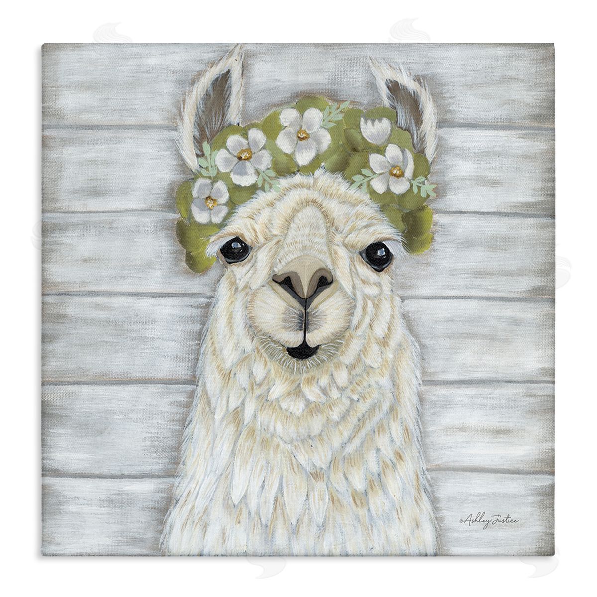 Ashley Justice Smiling Llama Country Floral Blooms Stretched Canvas Wall Art Print