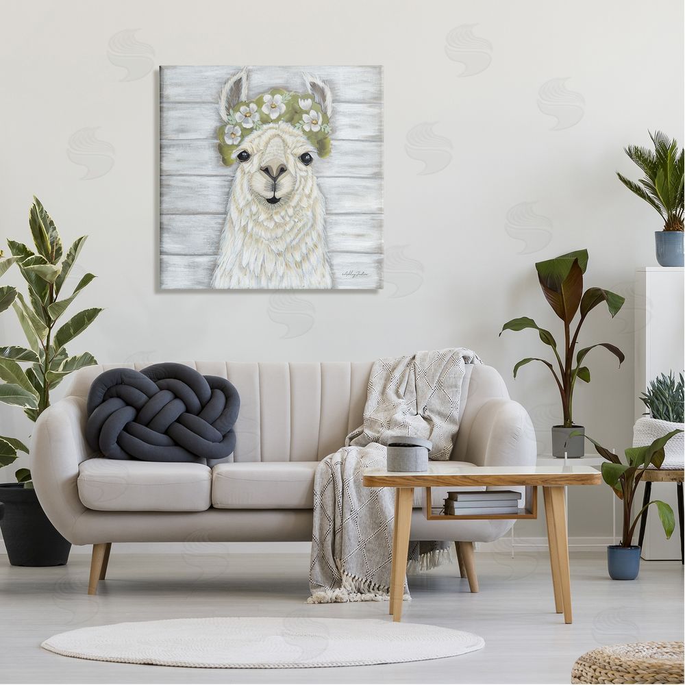 Ashley Justice Smiling Llama Country Floral Blooms Canvas Wall Art in Room
