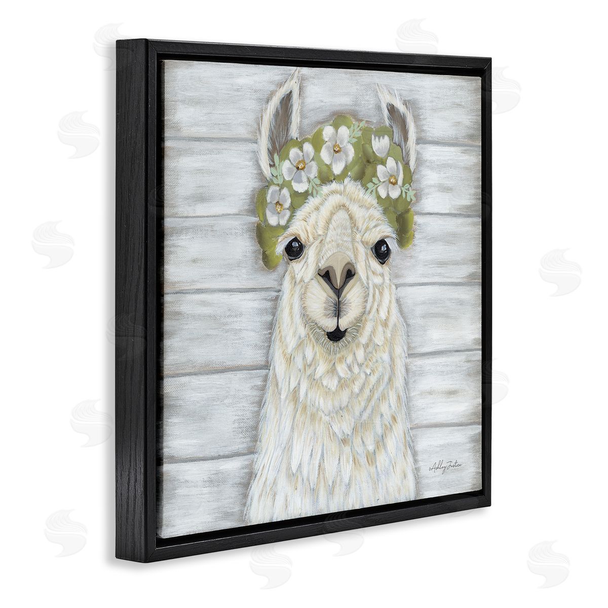 Ashley Justice Smiling Llama Country Floral Blooms Black Floating Frame Canvas Wall Art Print