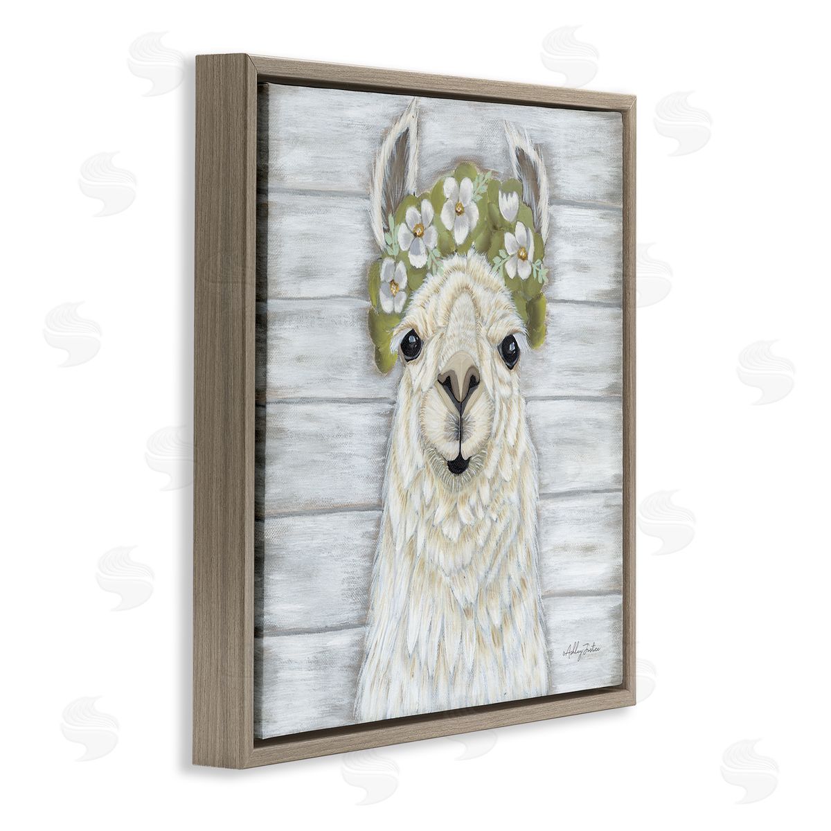 Ashley Justice Smiling Llama Country Floral Blooms Brown Floating Frame Canvas Wall Art Print