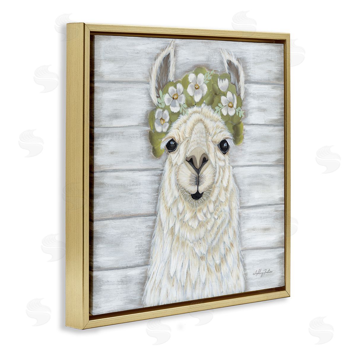 Ashley Justice Smiling Llama Country Floral Blooms Gold Floating Frame Canvas Wall Art Print