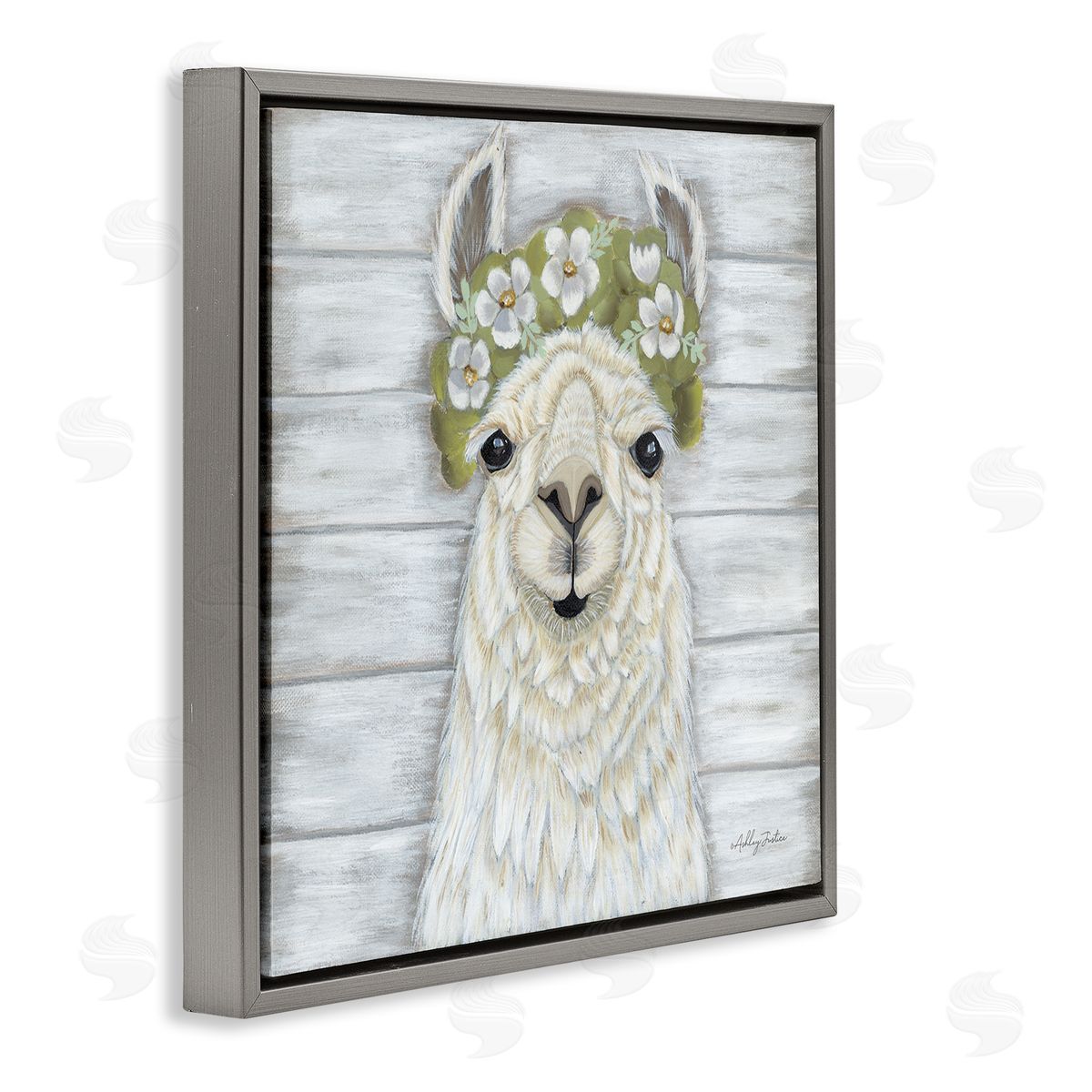Ashley Justice Smiling Llama Country Floral Blooms Gray Floating Frame Canvas Wall Art Print