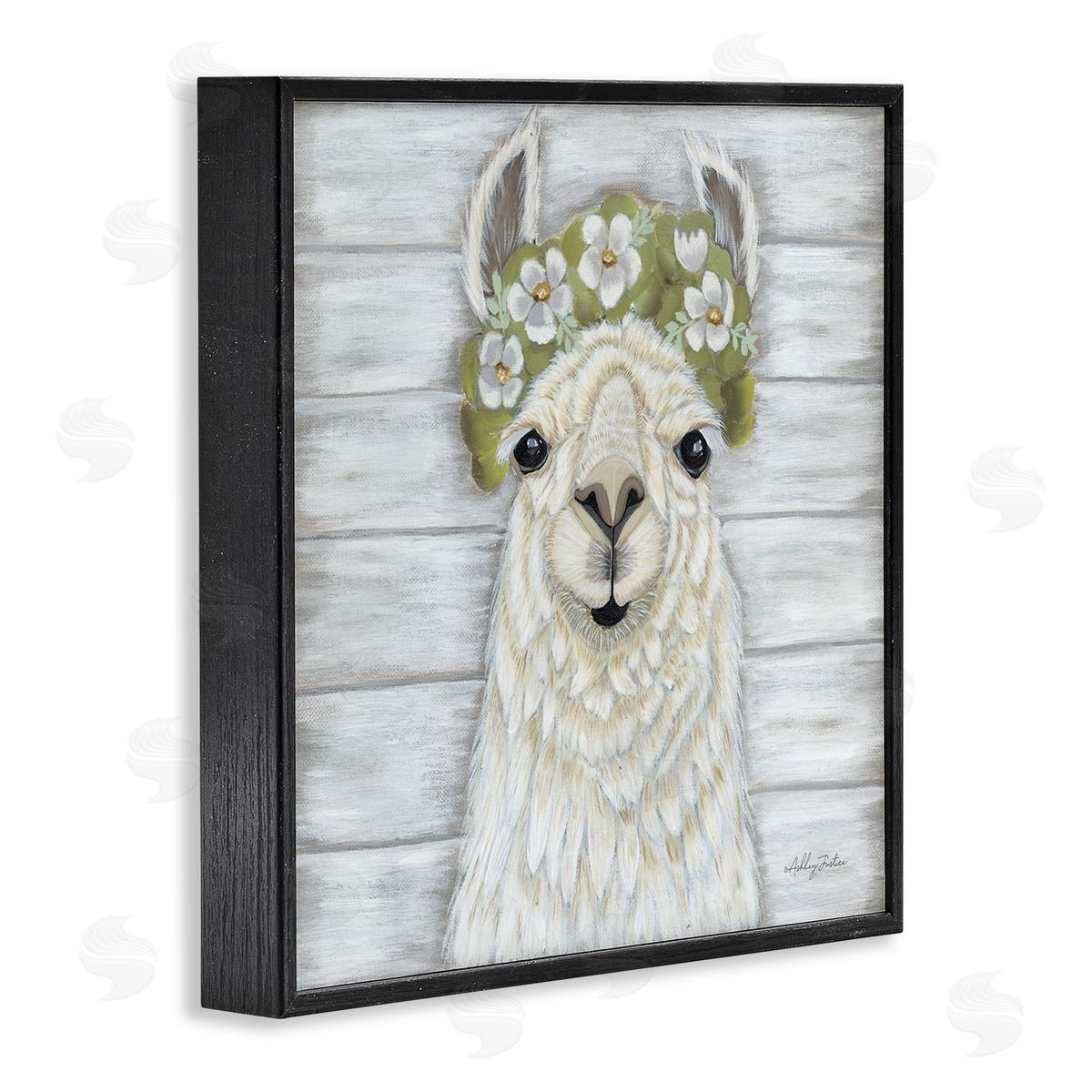 Ashley Justice Smiling Llama Country Floral Blooms Black Framed Glicee Wall Art Print