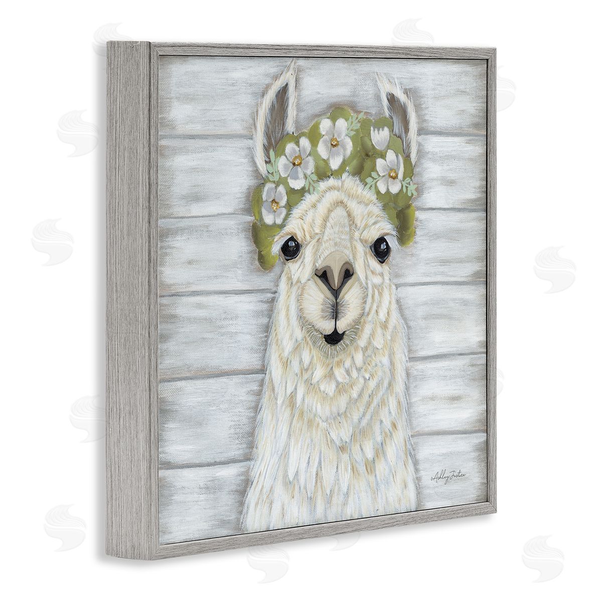 Ashley Justice Smiling Llama Country Floral Blooms Gray Framed Glicee Wall Art Print