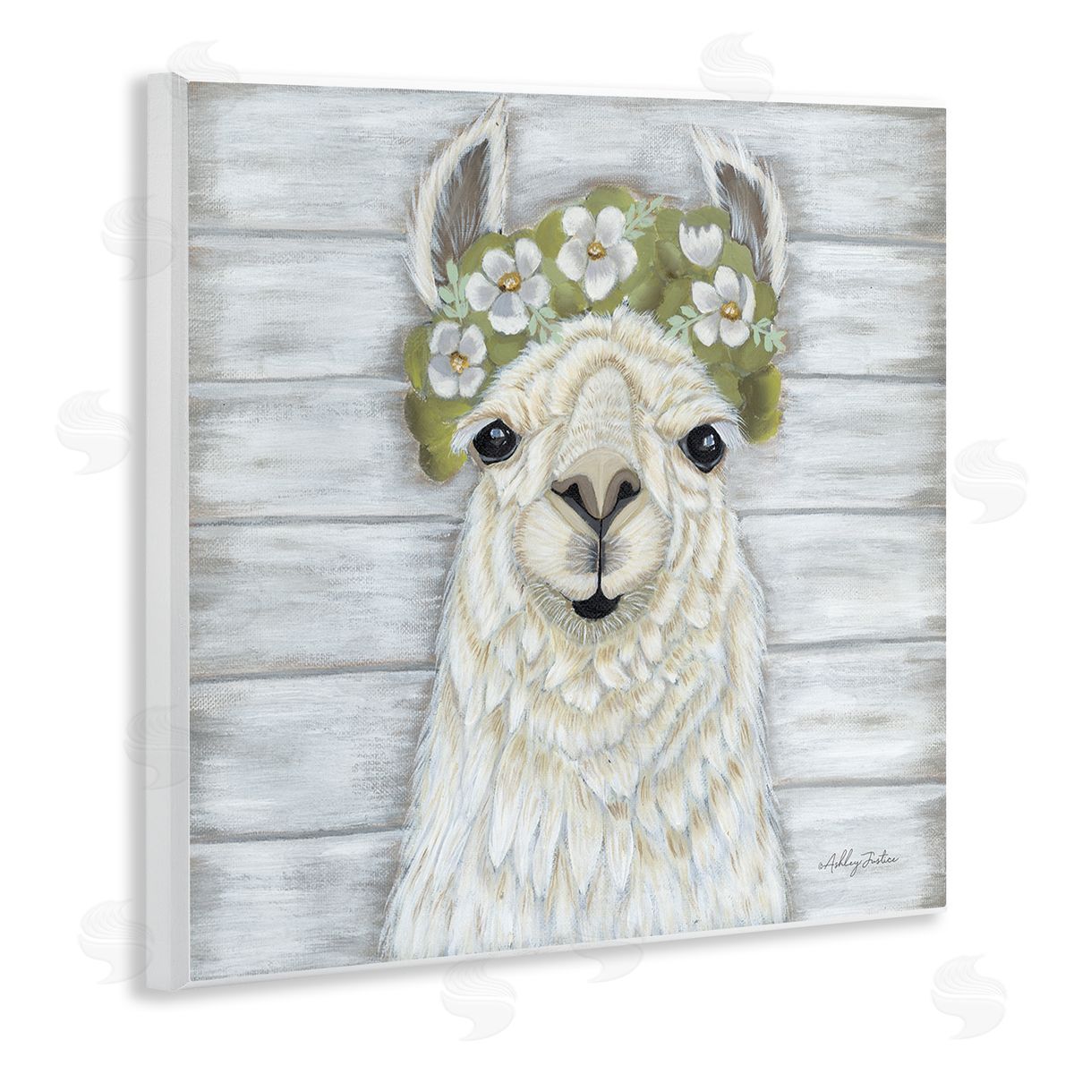 Ashley Justice Smiling Llama Country Floral Blooms Wooden Wall Plaque Art Print