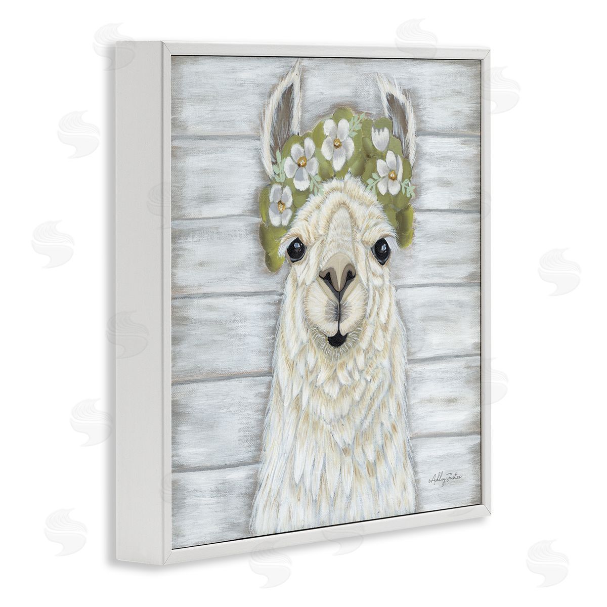 Ashley Justice Smiling Llama Country Floral Blooms White Framed Glicee Wall Art Print