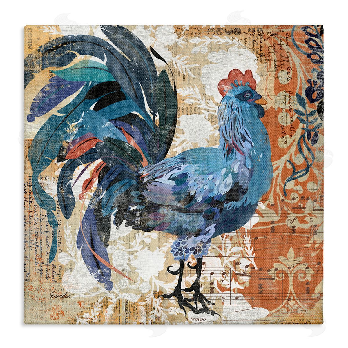 Evelia Designs Vintage Rooster Floral Collage Stretched Canvas Wall Art Print