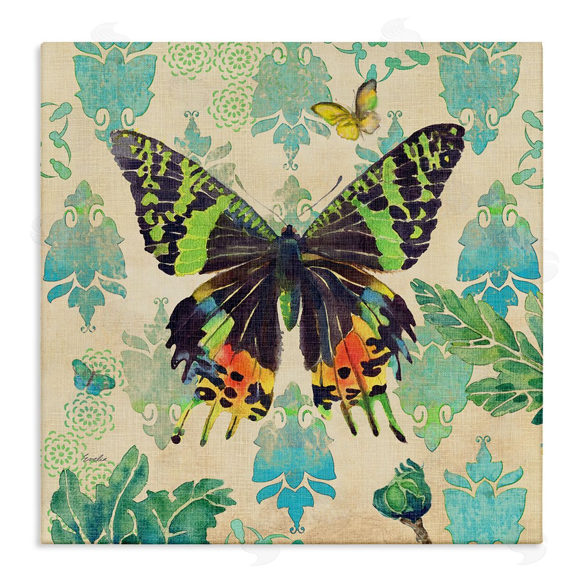 Evelia Designs Turquoise Butterfly Damask Pattern Stretched Canvas Wall Art Print