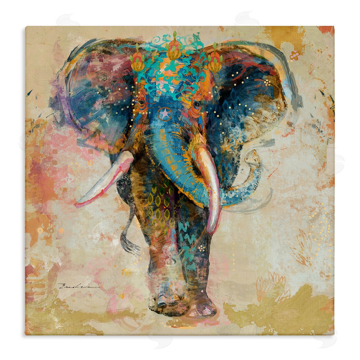 Evelia Designs Vivid Elephant Collage Pattern Stretched Canvas Wall Art Print
