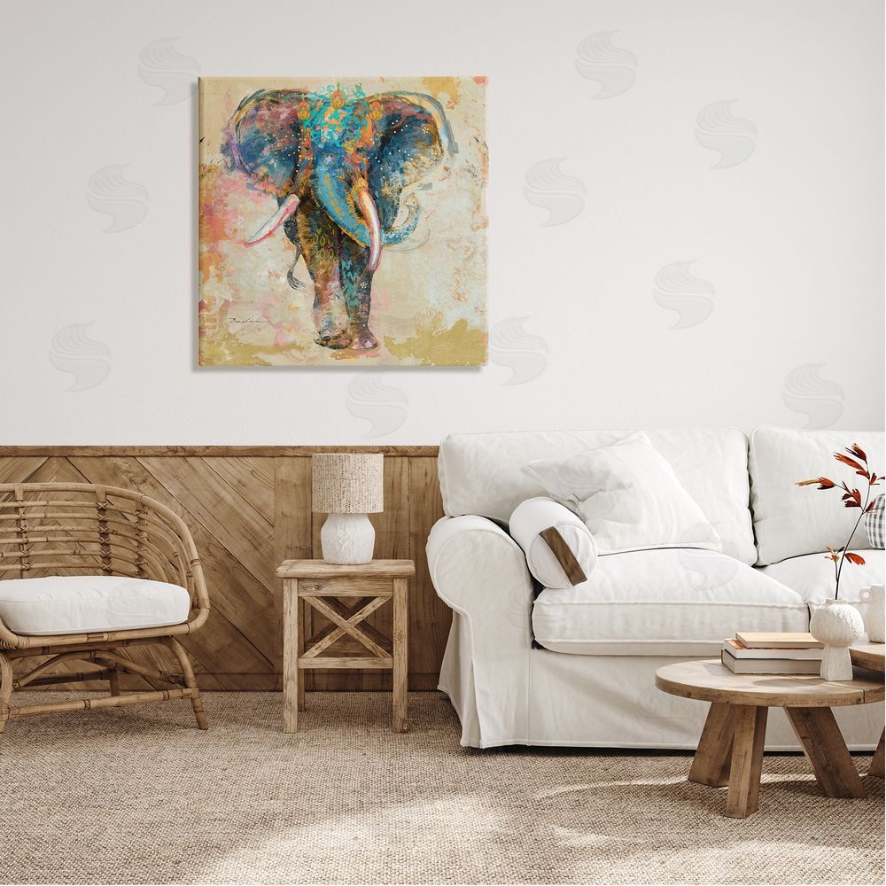Evelia Designs Vivid Elephant Collage Pattern Canvas Wall Art in Room