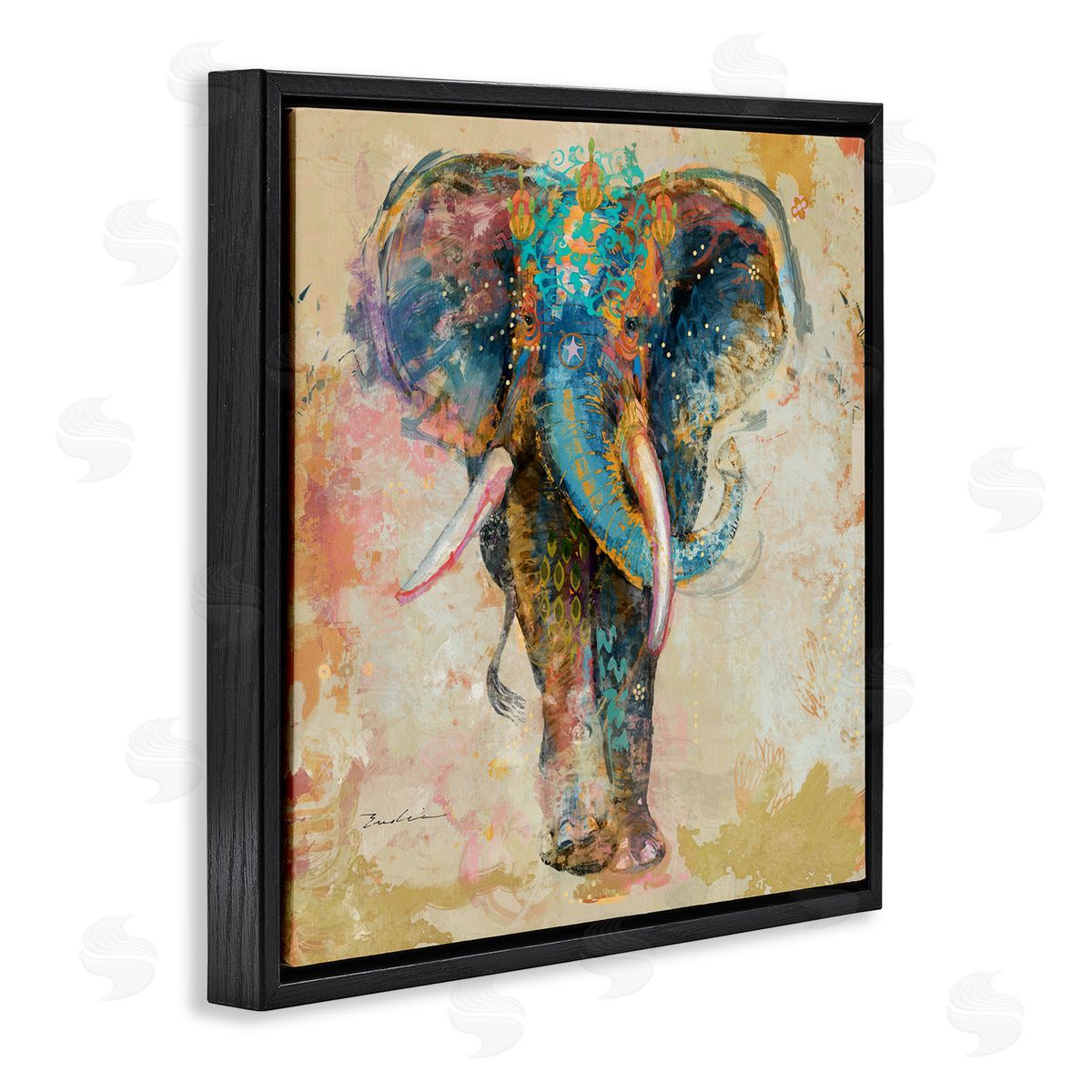 Evelia Designs Vivid Elephant Collage Pattern Black Floating Frame Canvas Wall Art Print