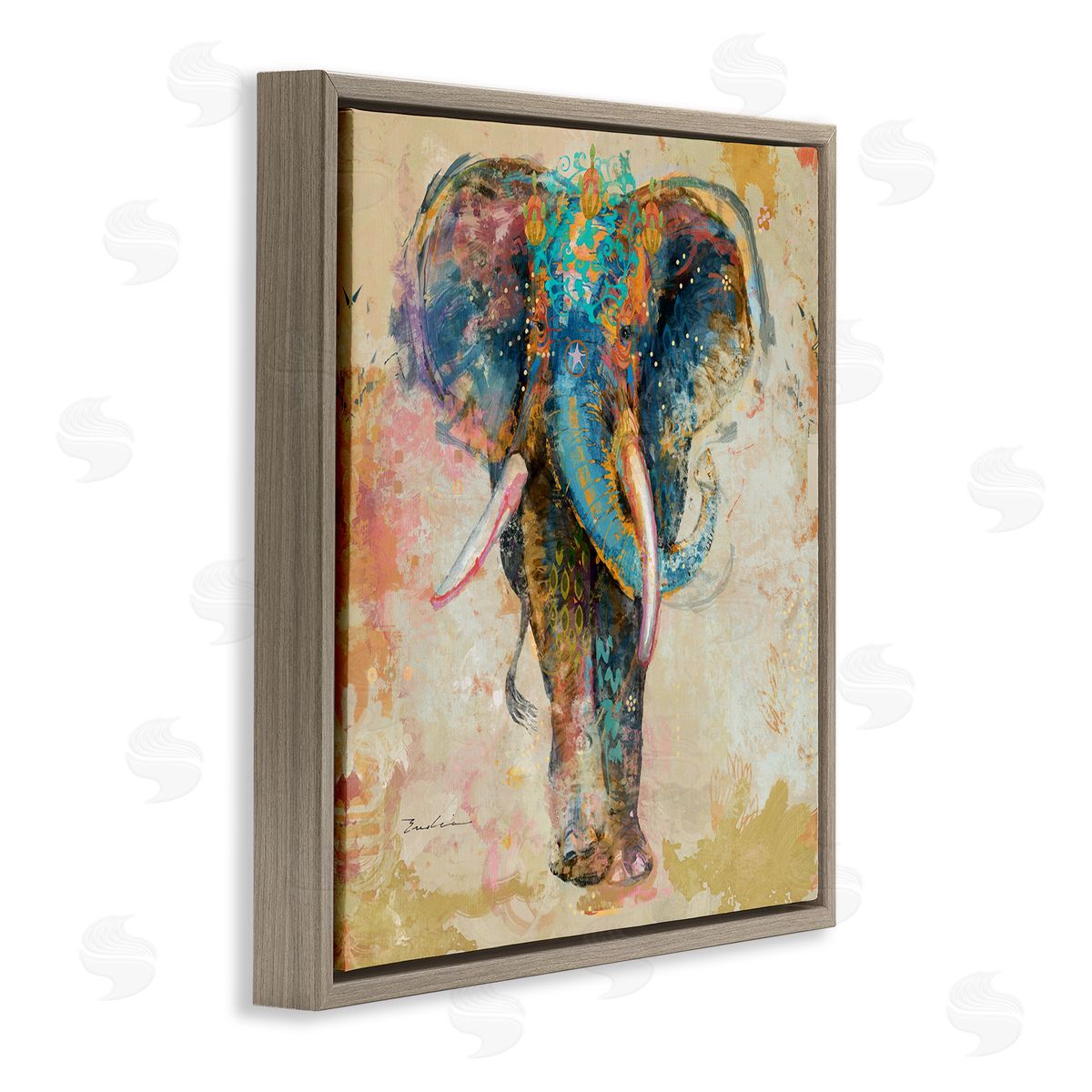 Evelia Designs Vivid Elephant Collage Pattern Brown Floating Frame Canvas Wall Art Print