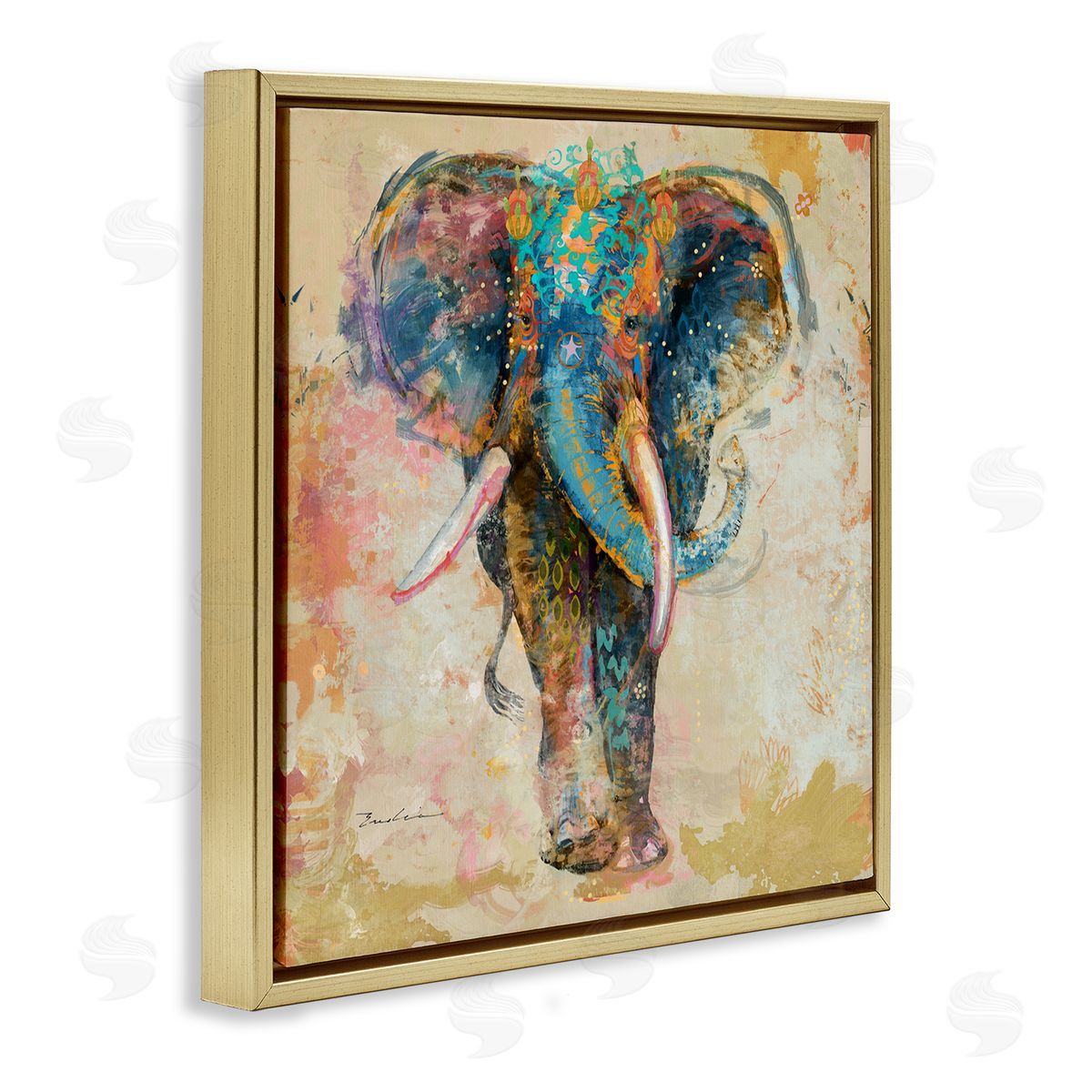 Evelia Designs Vivid Elephant Collage Pattern Gold Floating Frame Canvas Wall Art Print