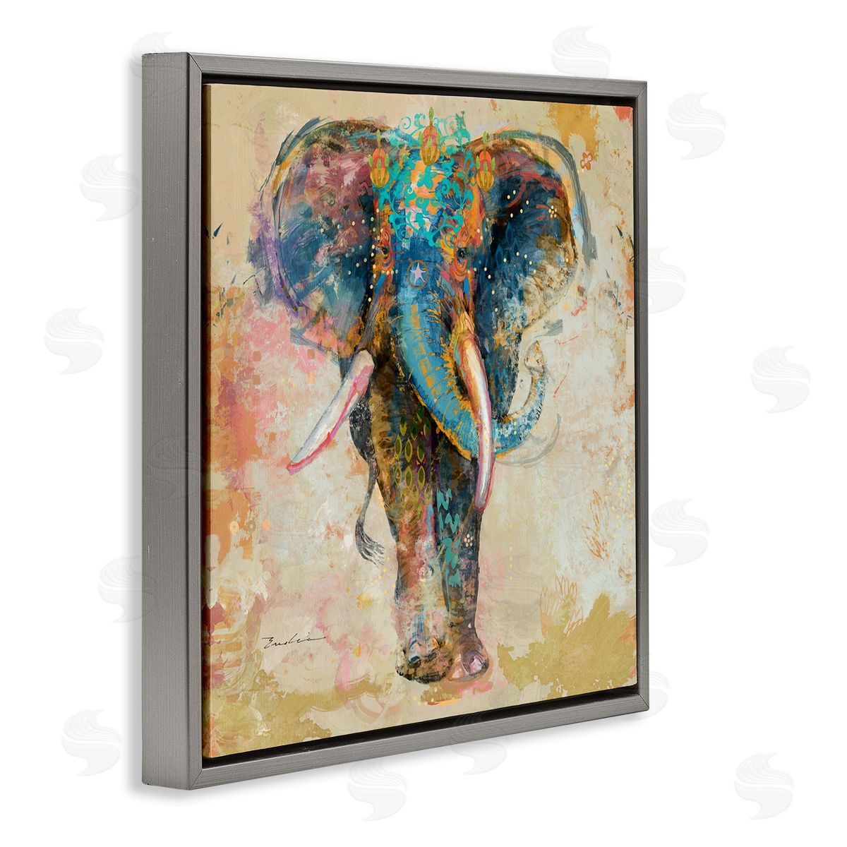 Evelia Designs Vivid Elephant Collage Pattern Gray Floating Frame Canvas Wall Art Print