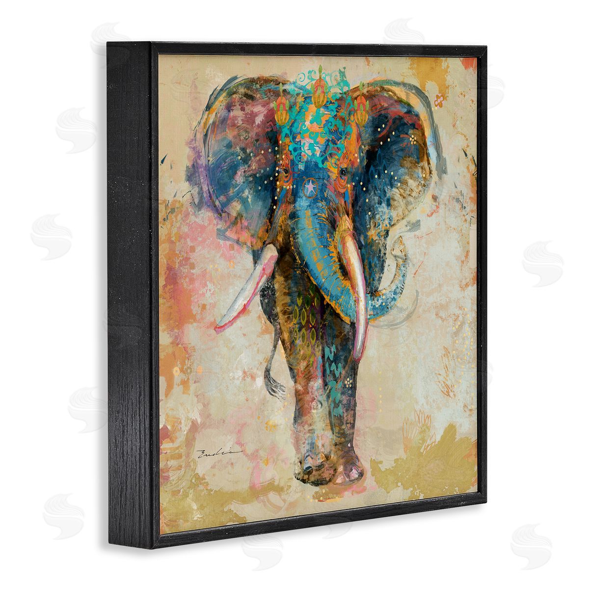 Evelia Designs Vivid Elephant Collage Pattern Black Framed Glicee Wall Art Print