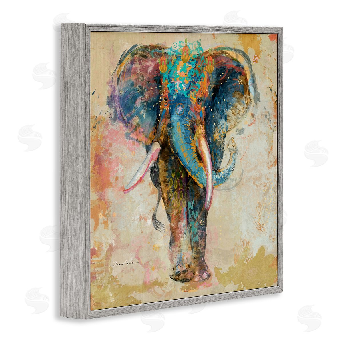 Evelia Designs Vivid Elephant Collage Pattern Gray Framed Glicee Wall Art Print