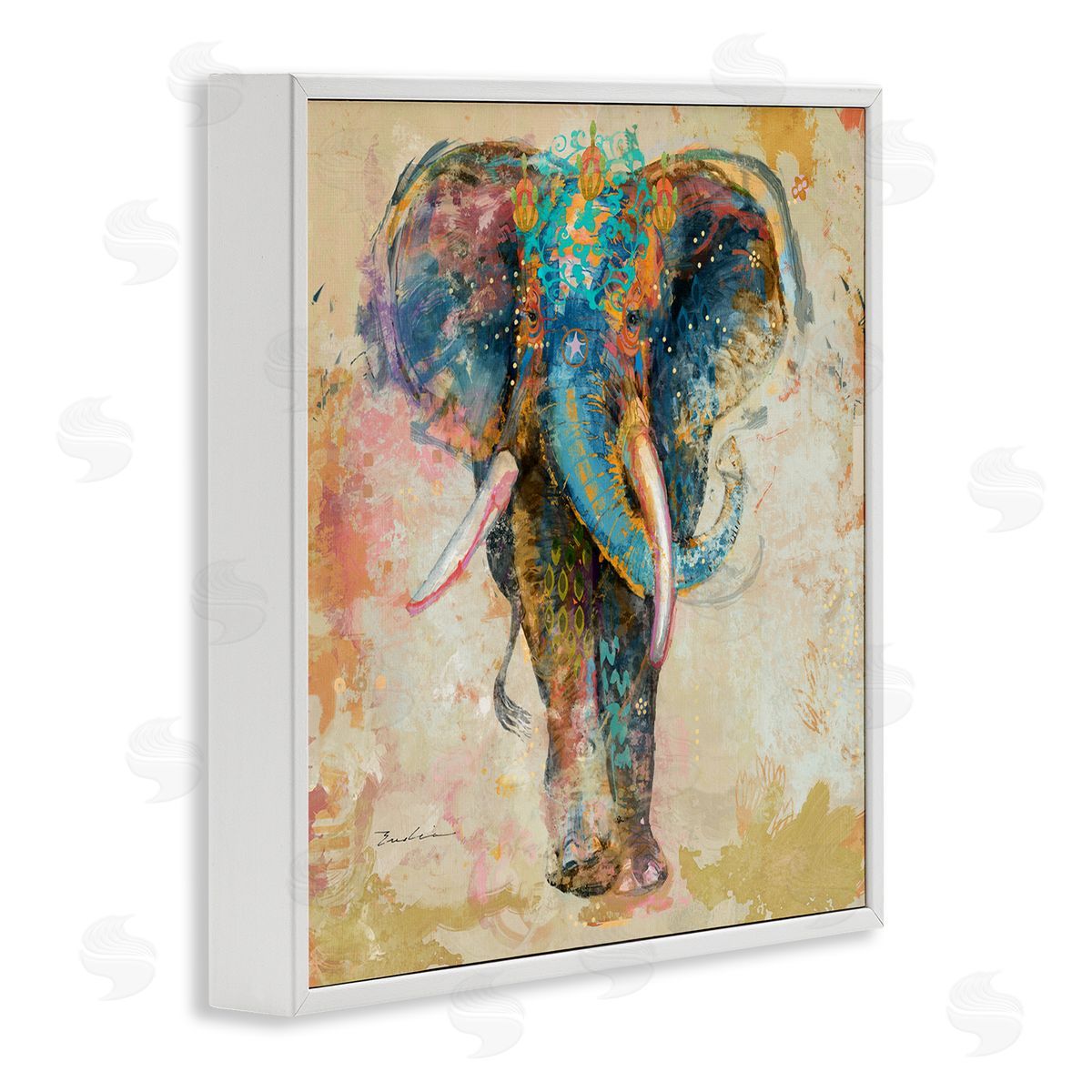Evelia Designs Vivid Elephant Collage Pattern White Framed Glicee Wall Art Print