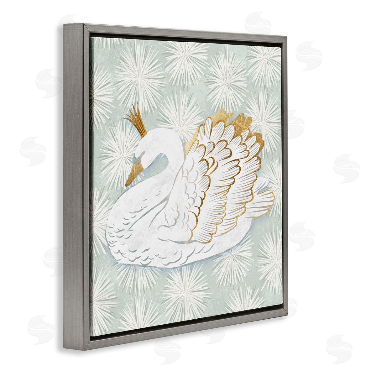 Ziwei Li Glam Crown Swan Patterned Gray Floating Frame Canvas Wall Art Print