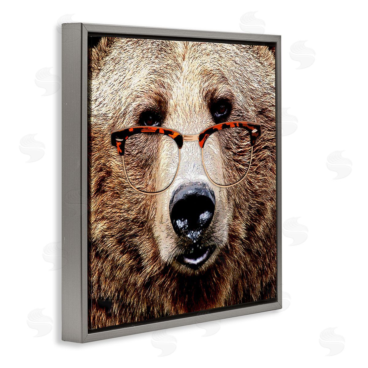 Grizzly Bear with Glasses Grey Floating Frame Canvas Wall Art, Home Decor by Karen Smith