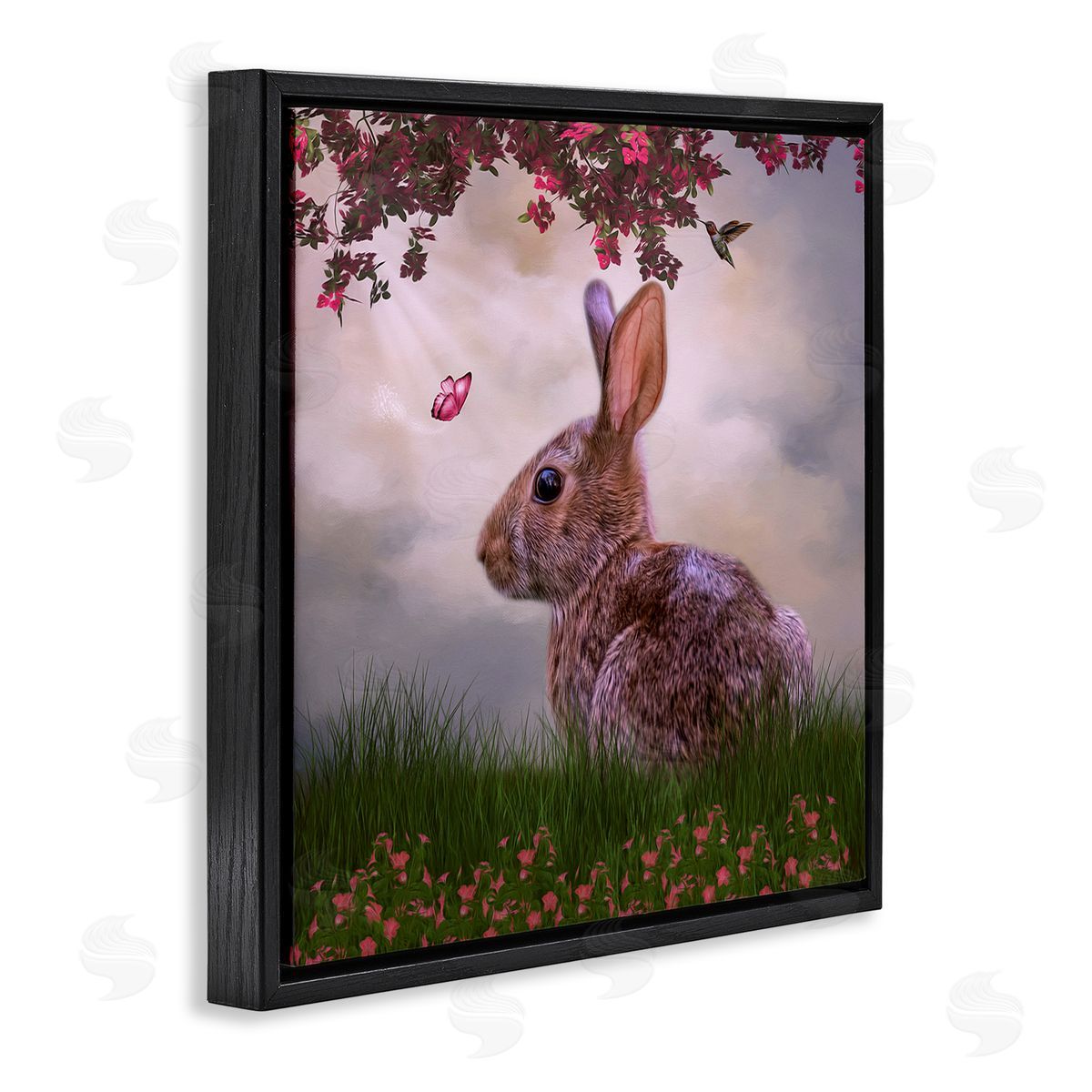 Kelley Parker Summertime Friends Floral Rabbit Butterfly Black Floating Frame Canvas Wall Art Print