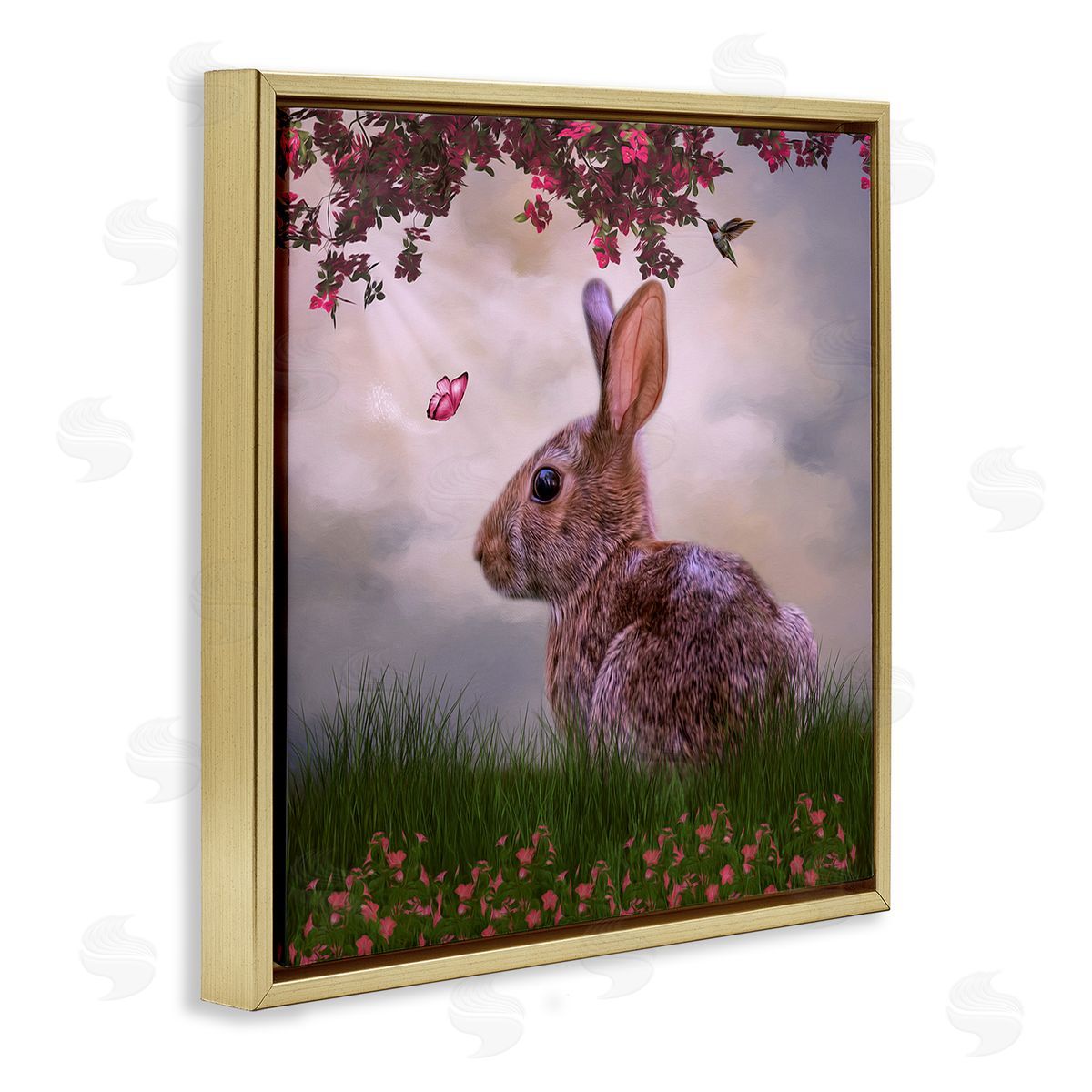 Kelley Parker Summertime Friends Floral Rabbit Butterfly Gold Floating Frame Canvas Wall Art Print