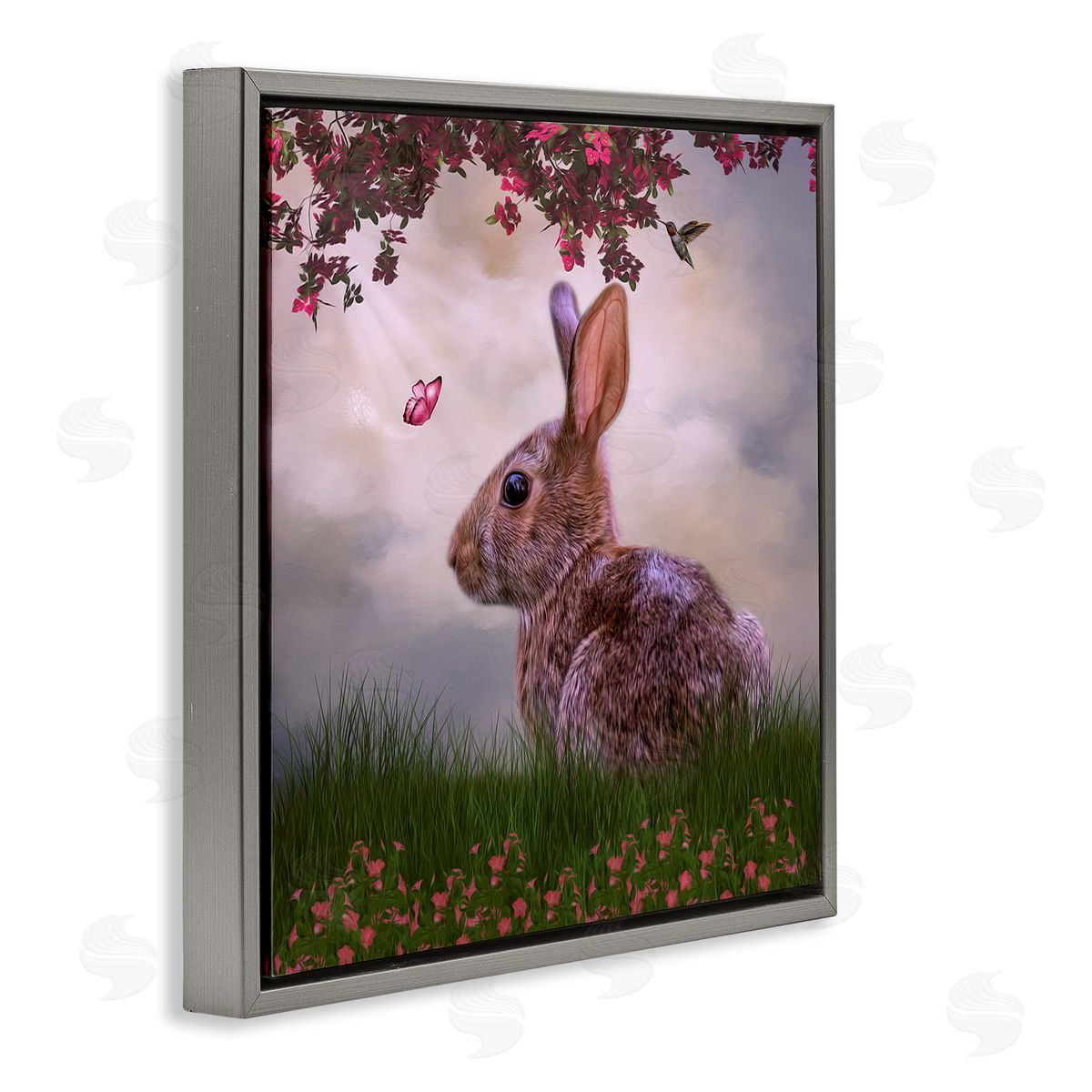Kelley Parker Summertime Friends Floral Rabbit Butterfly Gray Floating Frame Canvas Wall Art Print