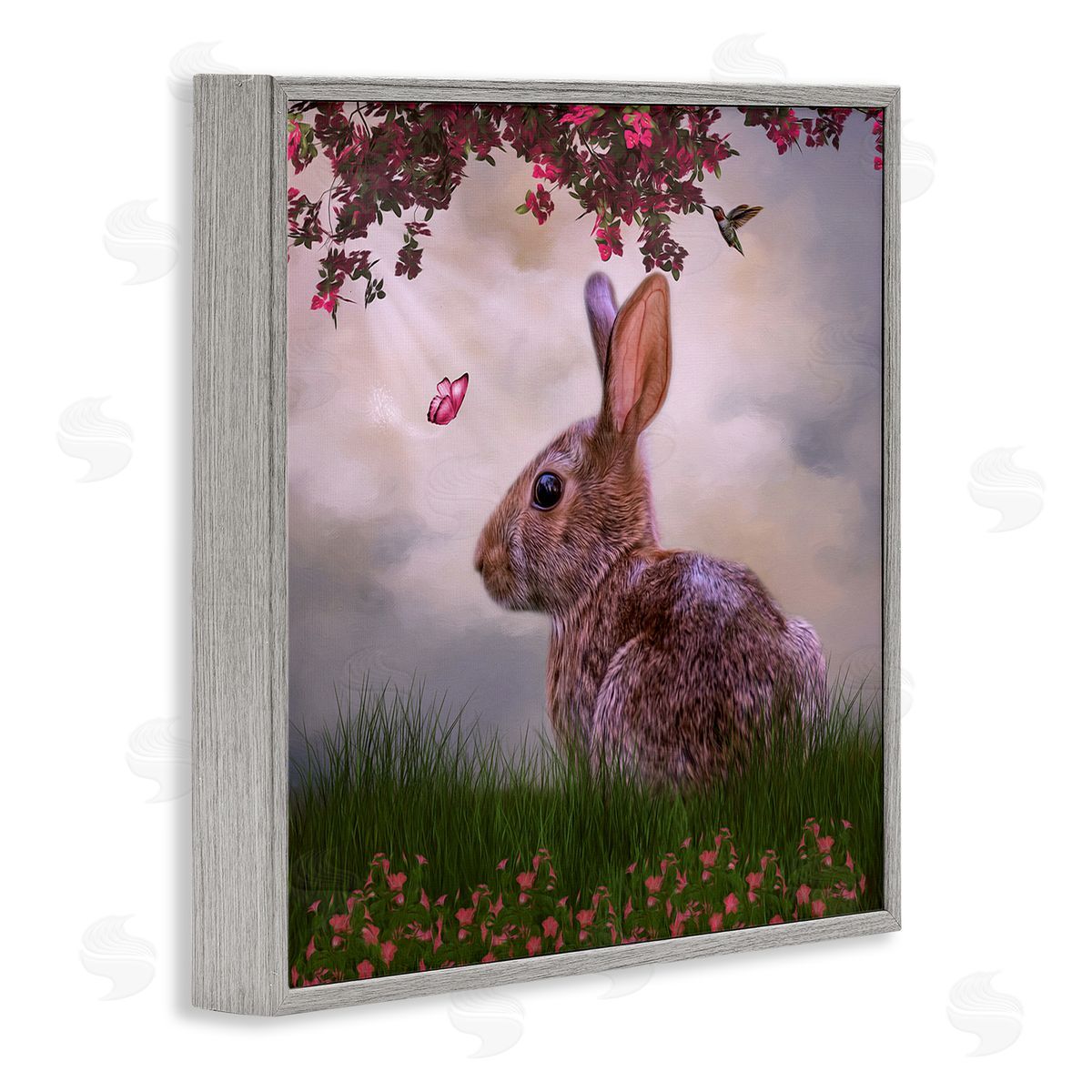 Kelley Parker Summertime Friends Floral Rabbit Butterfly Gray Framed Glicee Wall Art Print