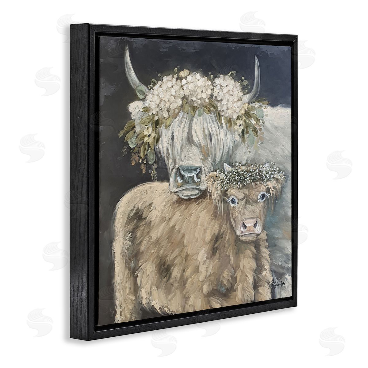 Highland Cattle with Flower Garlands Black Floating Frame Canvas Wall Art, Home Decor by Sara G. Designs