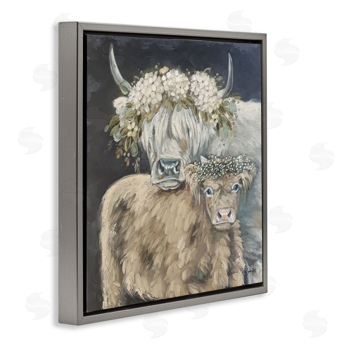 Highland Cattle with Flower Garlands Grey Floating Frame Canvas Wall Art, Home Decor by Sara G. Designs