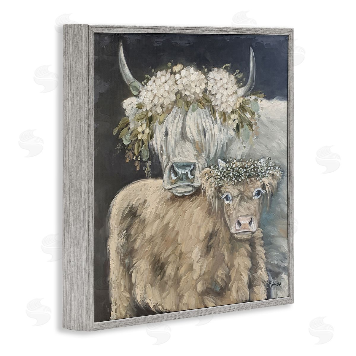 Highland Cattle with Flower Garlands Grey Frame Print Wall Art, Home Decor by Sara G. Designs