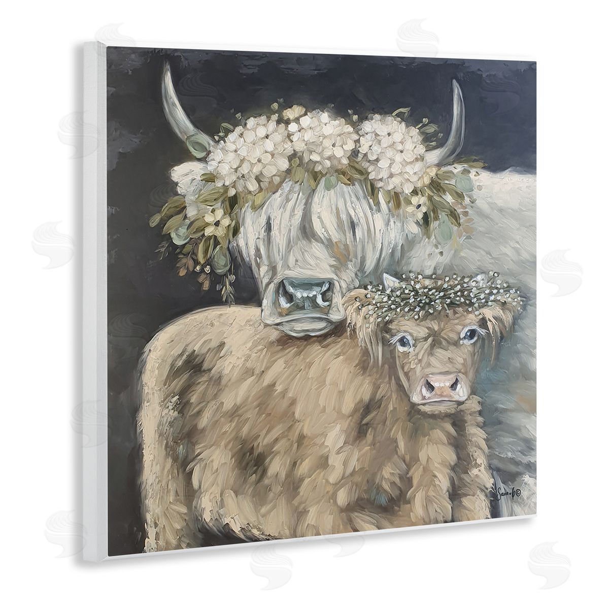 Highland Cattle with Flower Garlands Wood Plaque Wall Art, Home Decor by Sara G. Designs