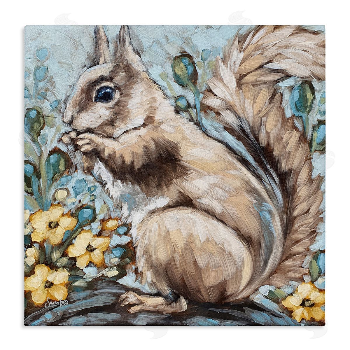 Sara G. Designs Squirrel Forest Flower Blossoms Stretched Canvas Wall Art Print