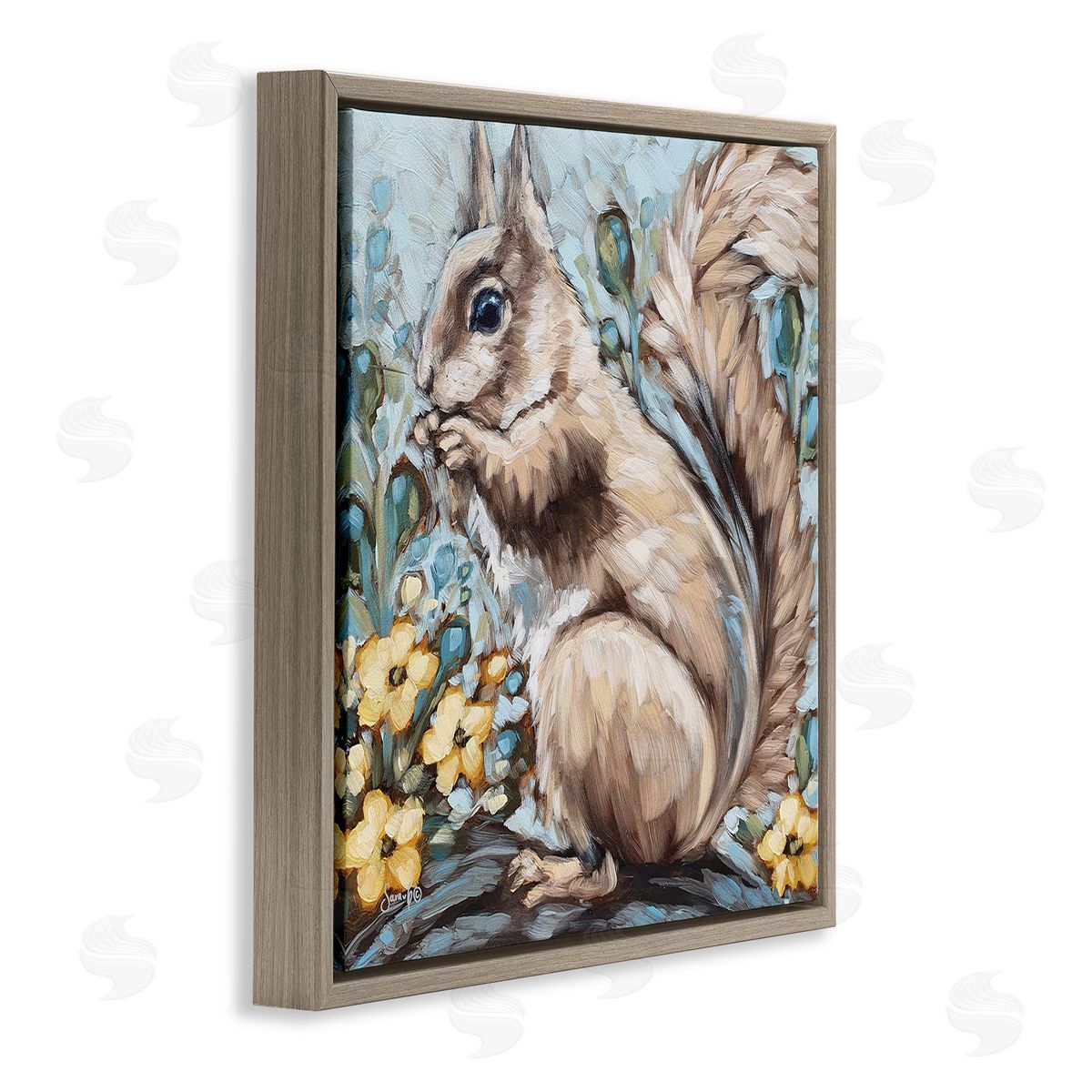 Sara G. Designs Squirrel Forest Flower Blossoms Brown Floating Frame Canvas Wall Art Print