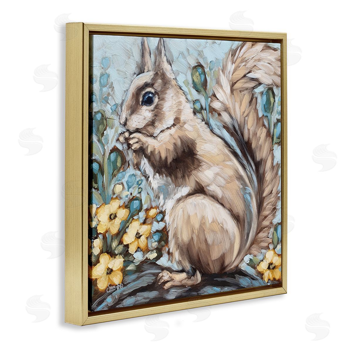 Sara G. Designs Squirrel Forest Flower Blossoms Gold Floating Frame Canvas Wall Art Print