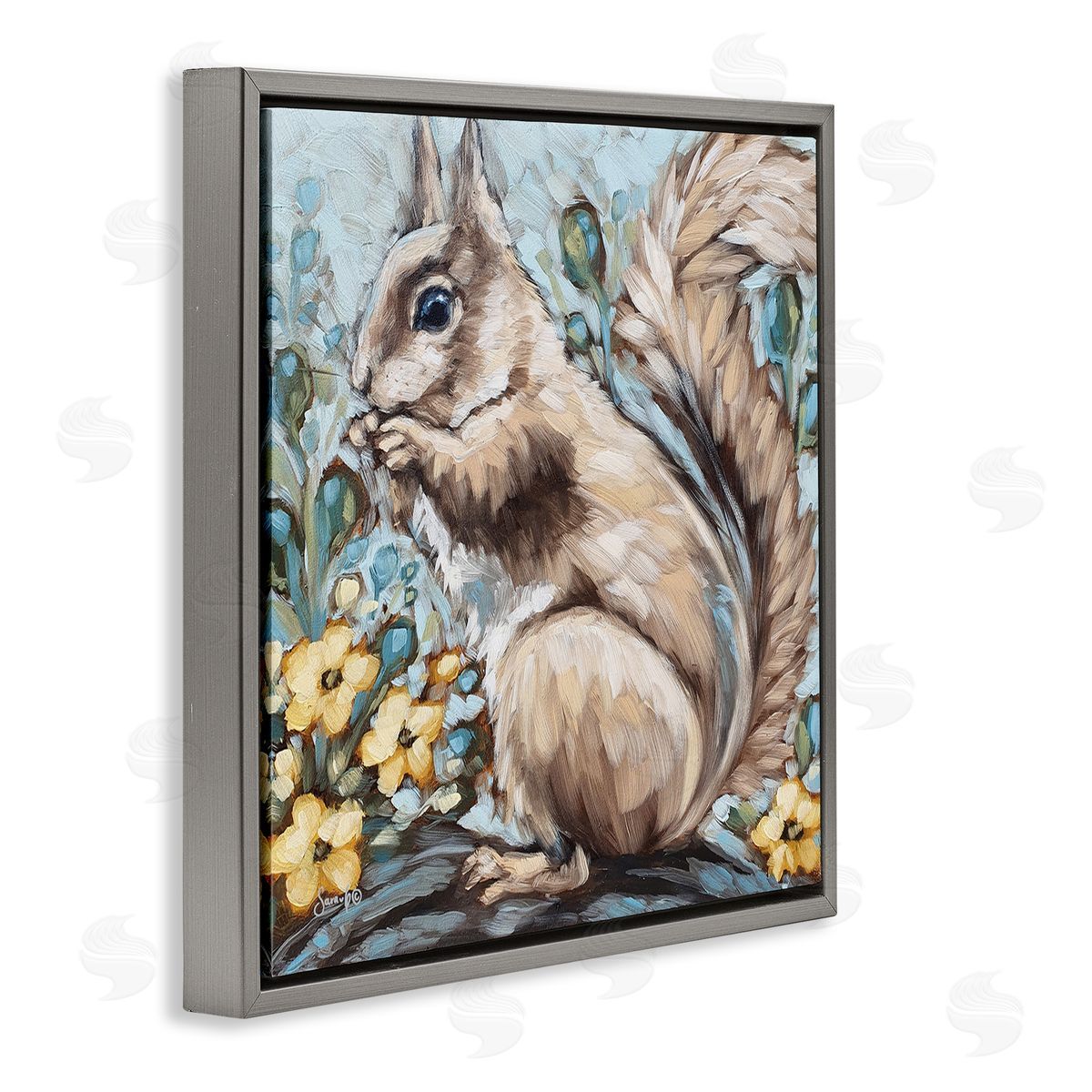 Sara G. Designs Squirrel Forest Flower Blossoms Gray Floating Frame Canvas Wall Art Print