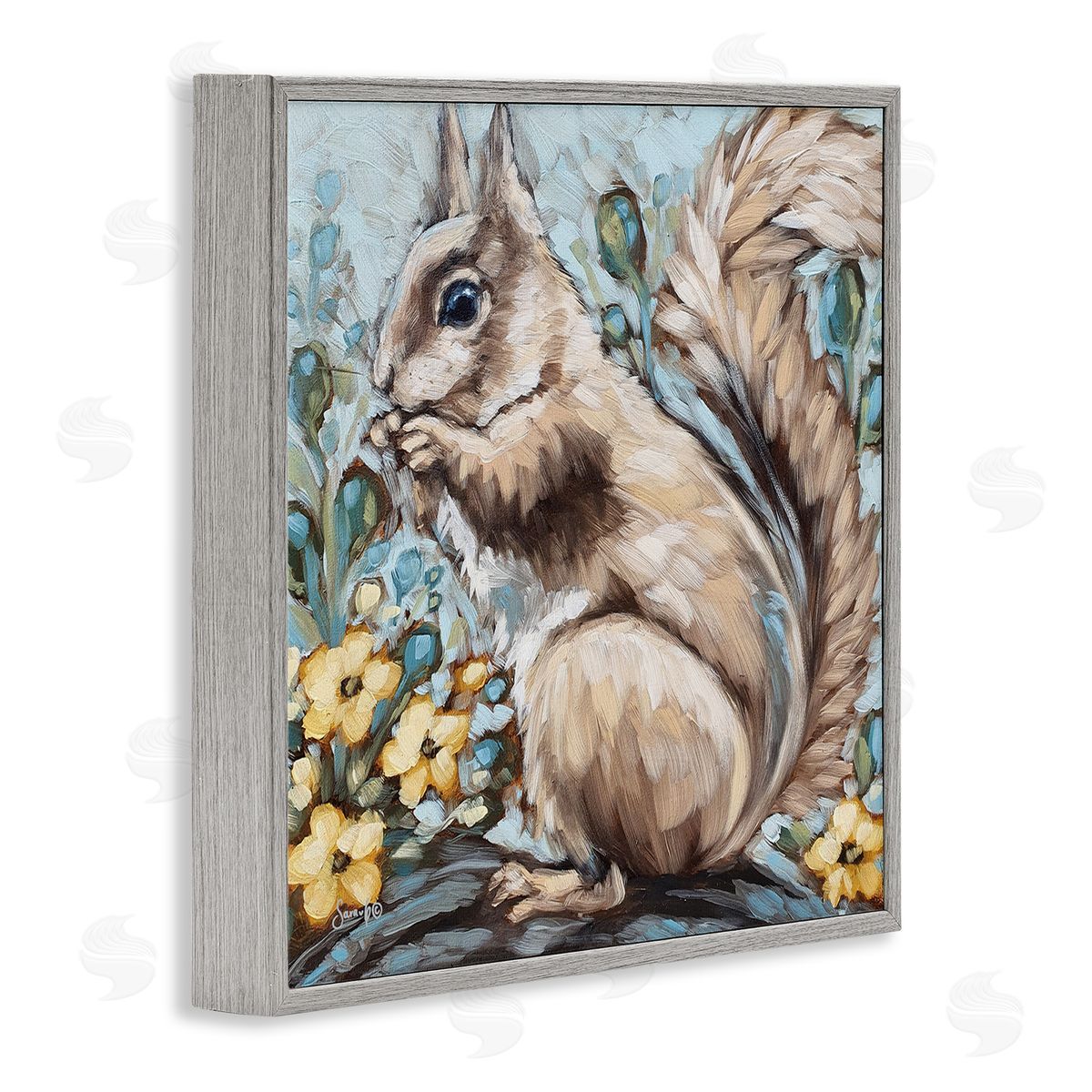 Sara G. Designs Squirrel Forest Flower Blossoms Gray Framed Glicee Wall Art Print
