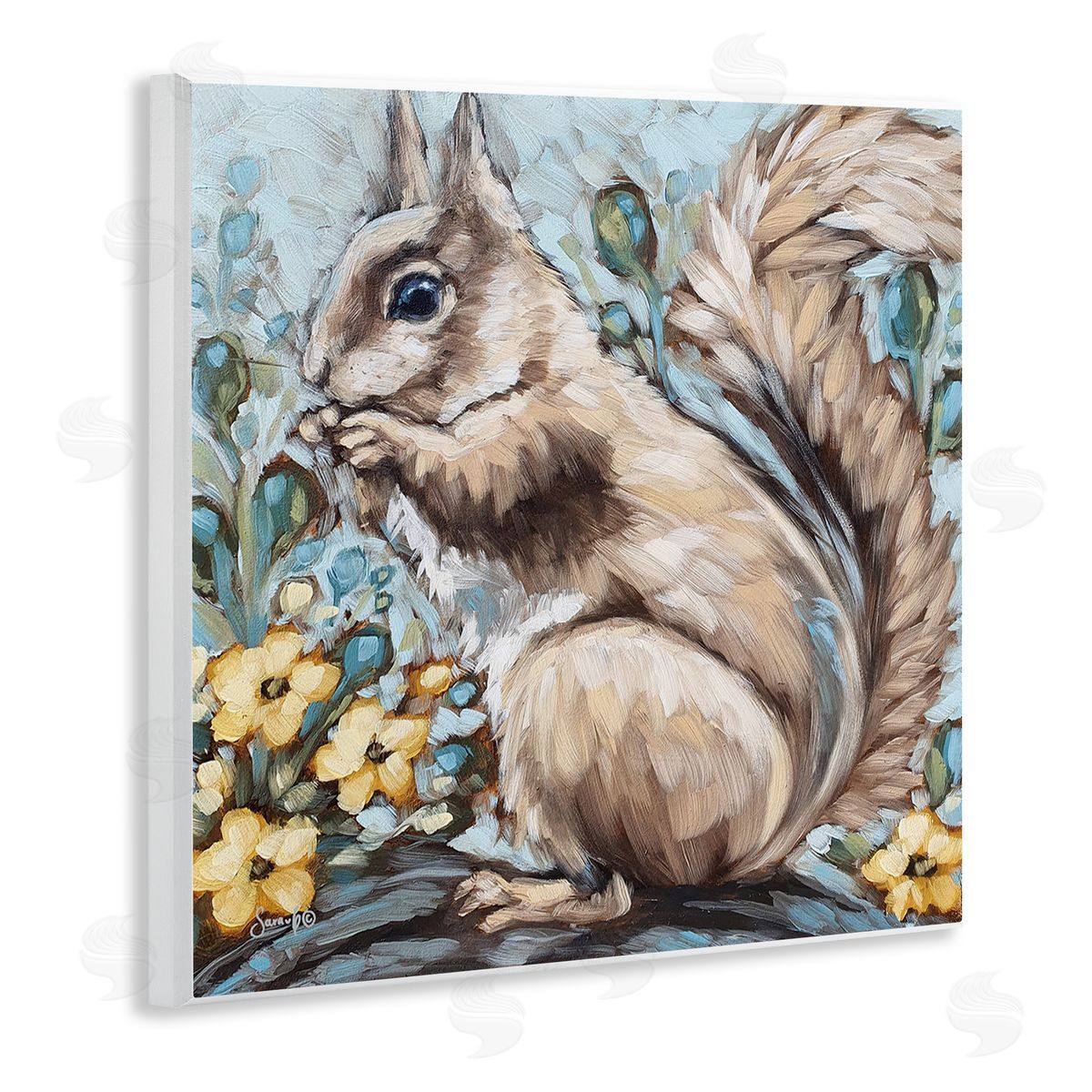 Sara G. Designs Squirrel Forest Flower Blossoms Wooden Wall Plaque Art Print